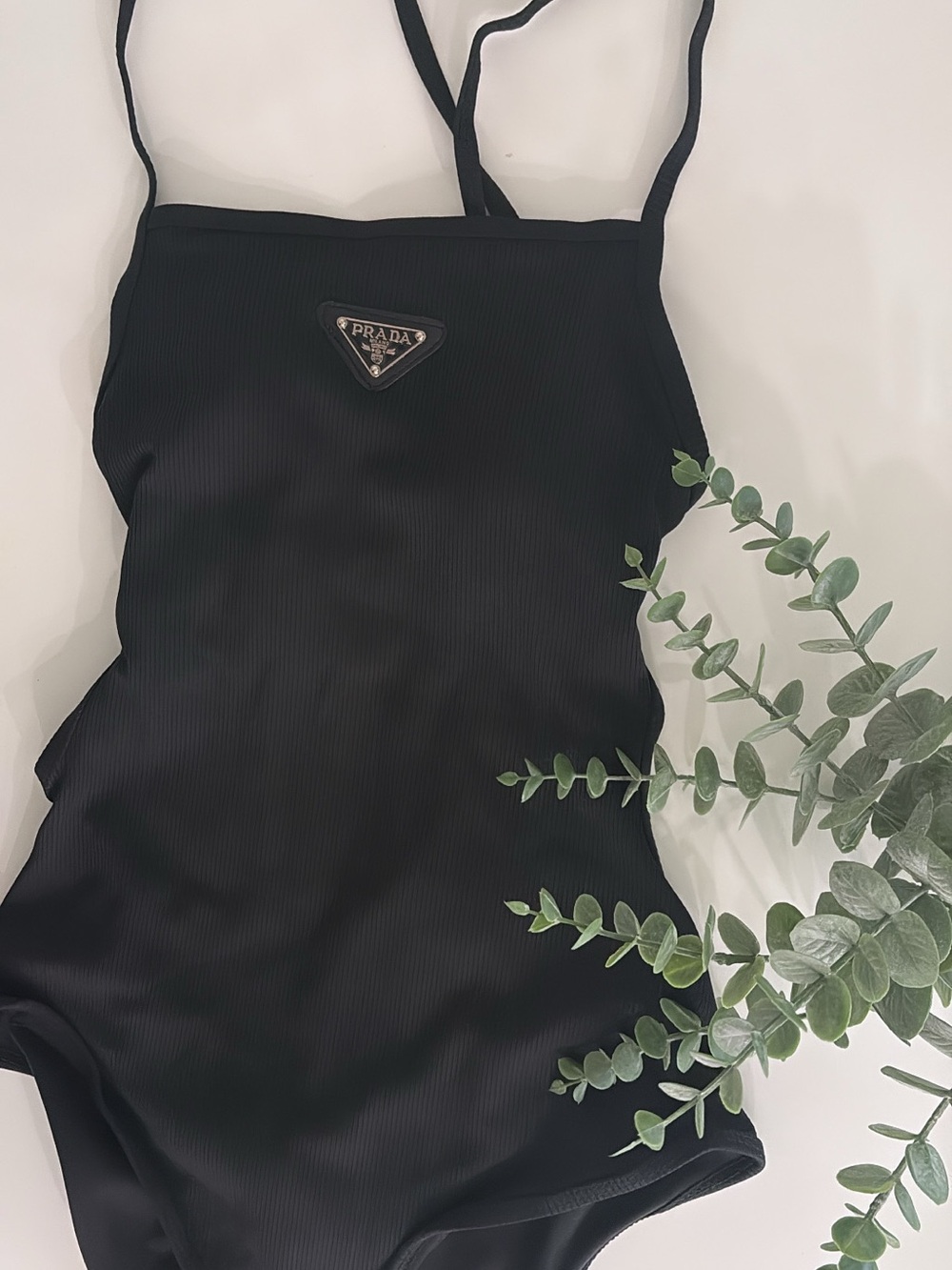 Prada Black Ribbed One-Piece Swimwear with Logo Plaque